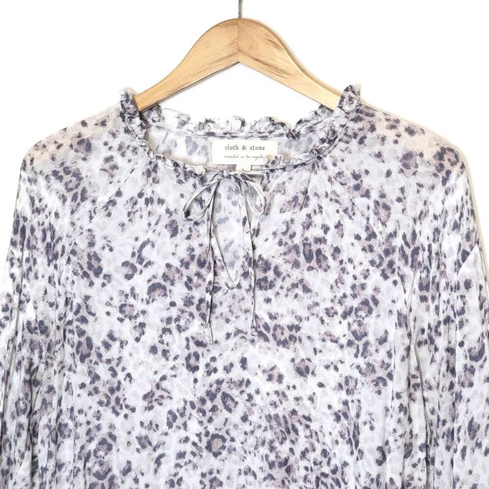 Cloth & Stone Leopard Animal Print Blouse Tie Neck Long Sleeve Purple White L - Picture 3 of 15